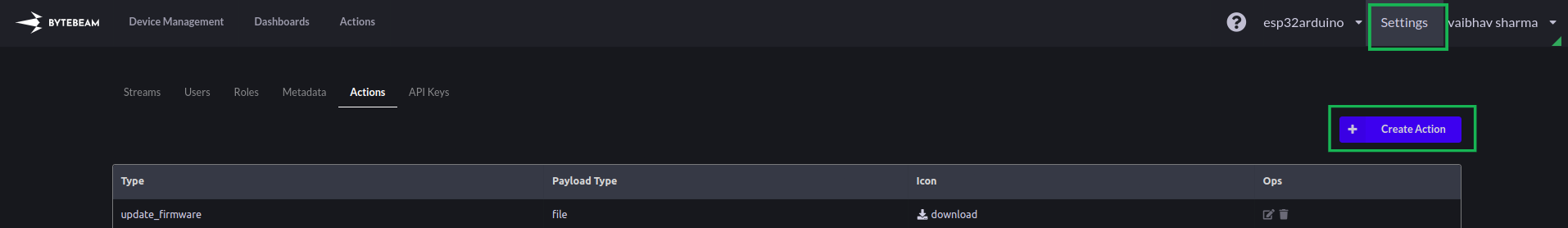 Creating new action on Bytebeam cloud console